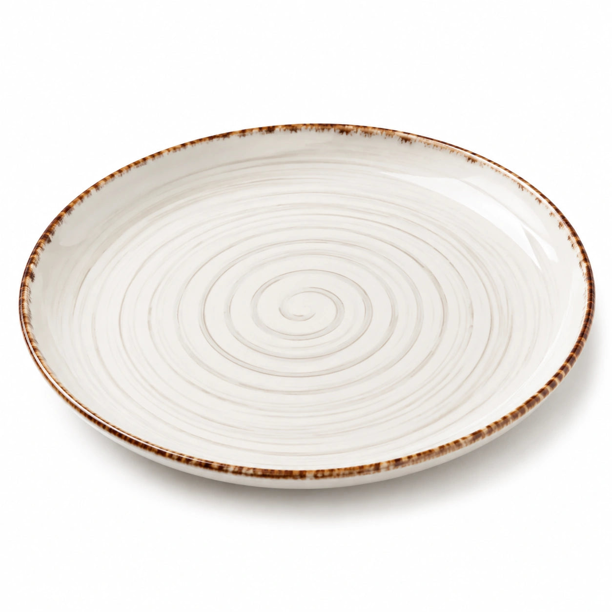 Piatto piano rotondo 27 cm in ceramica bianco e marrone - motivo a spirale