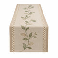 Runner da tavola 180 x 35 cm in tessuto effetto lino beige e verde con motivo botanico e bordo traforato