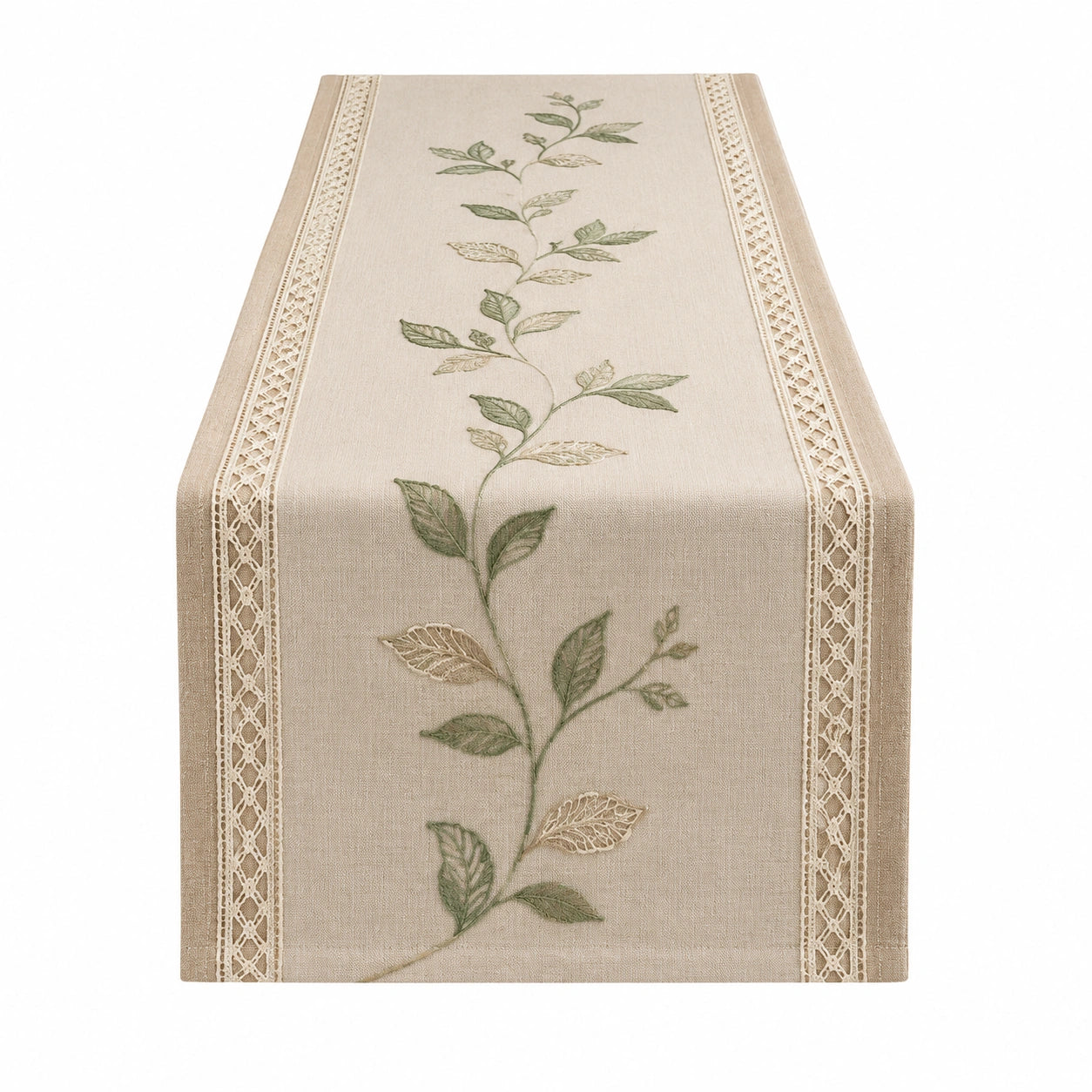 Runner da tavola 180 x 35 cm in tessuto effetto lino beige e verde con motivo botanico e bordo traforato