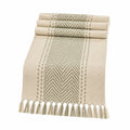 Runner da tavola 180 x 40 cm in tessuto beige e verde salvia con frange stile boho