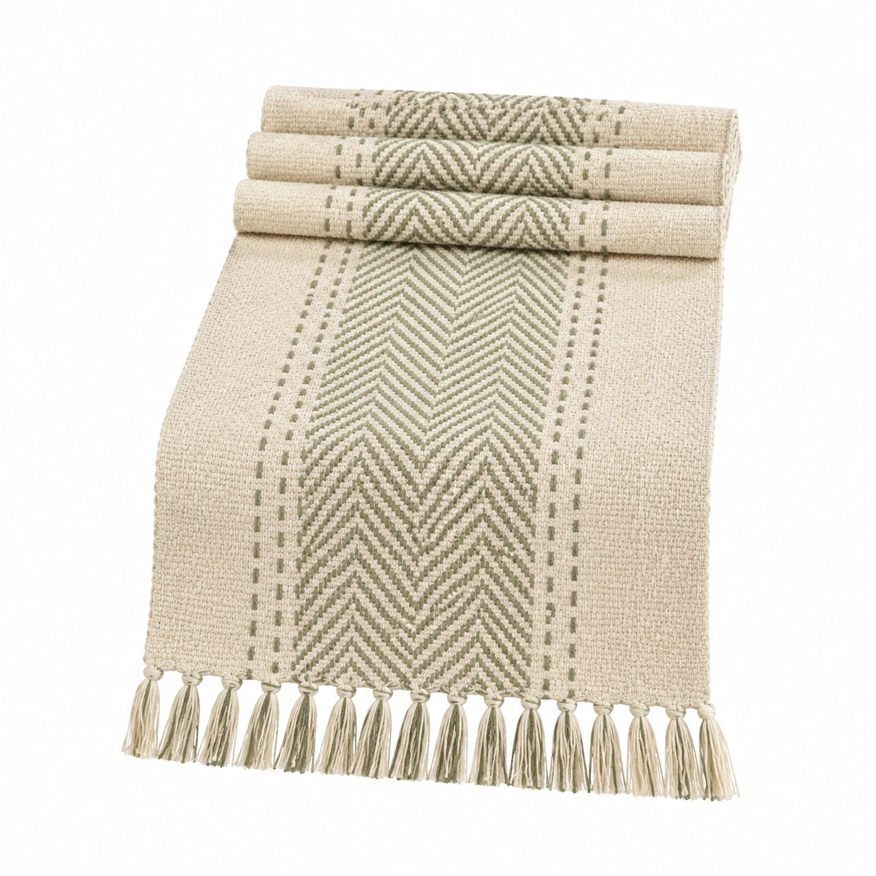 Runner da tavola 180 x 40 cm in tessuto beige e verde salvia con frange stile boho