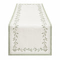 Runner da tavola 180 x 35 cm in tessuto bianco e verde con foglie stile botanico