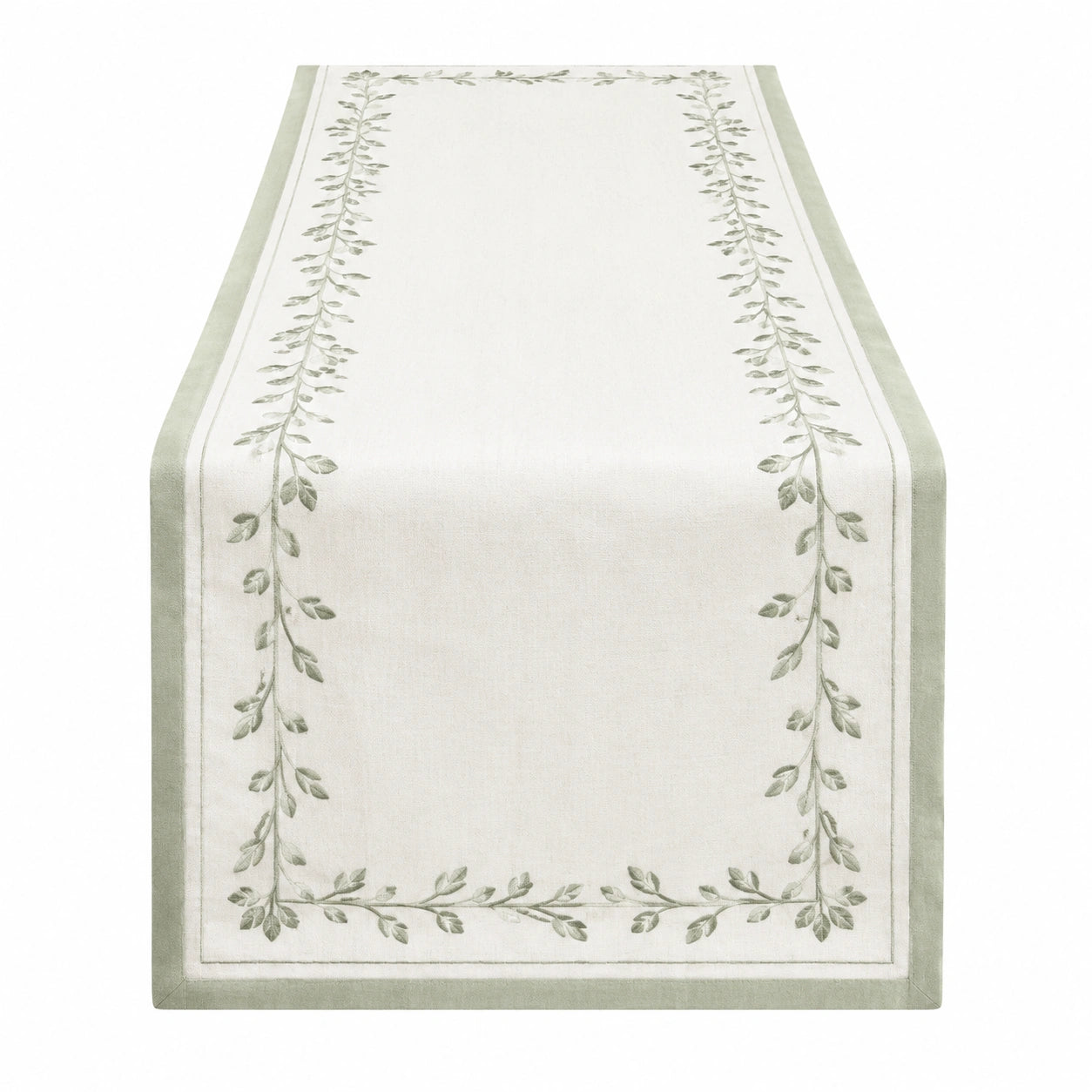 Runner da tavola 180 x 35 cm in tessuto bianco e verde con foglie stile botanico