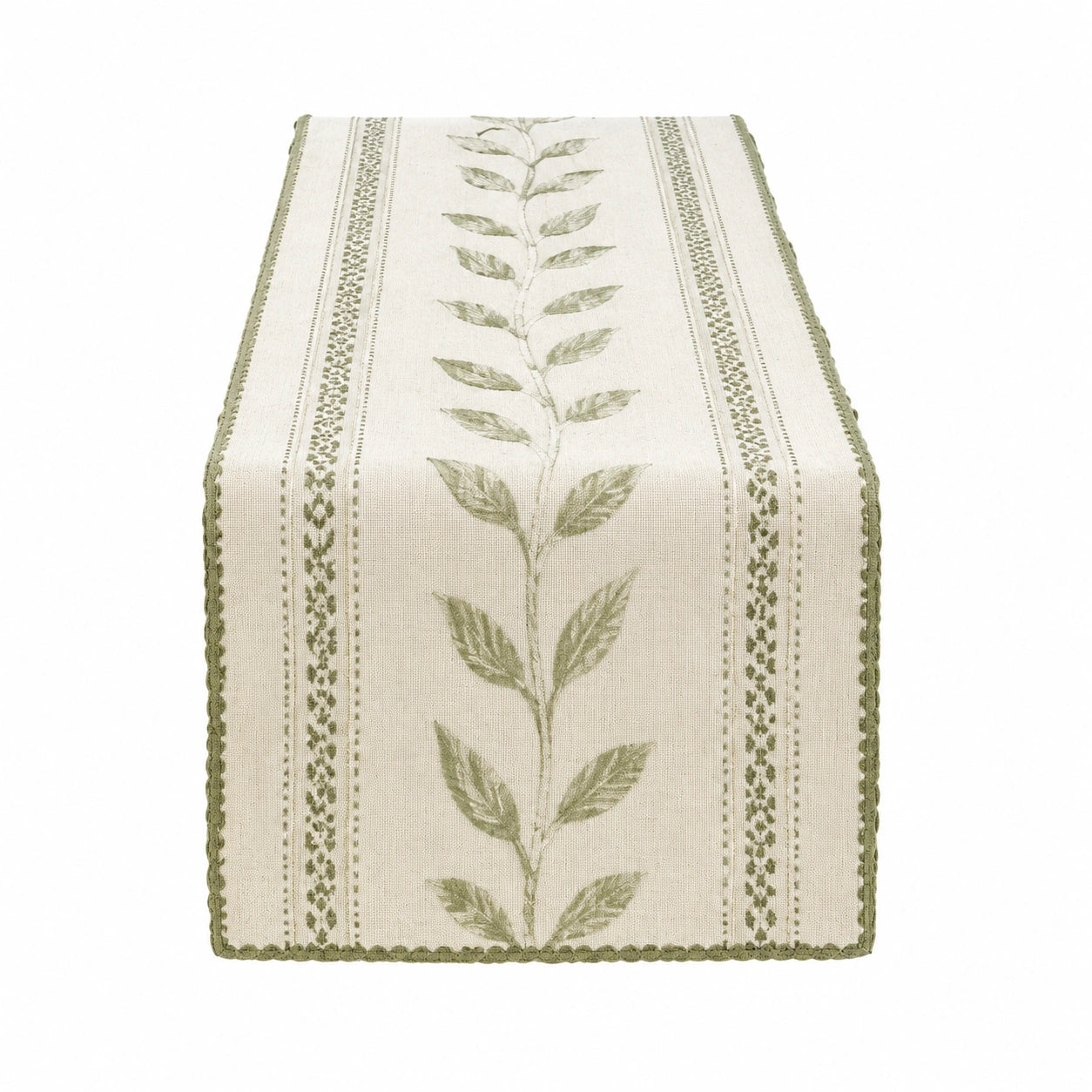Runner da tavola 40 x 180 cm in tessuto beige e verde con motivo botanico stile rustico
