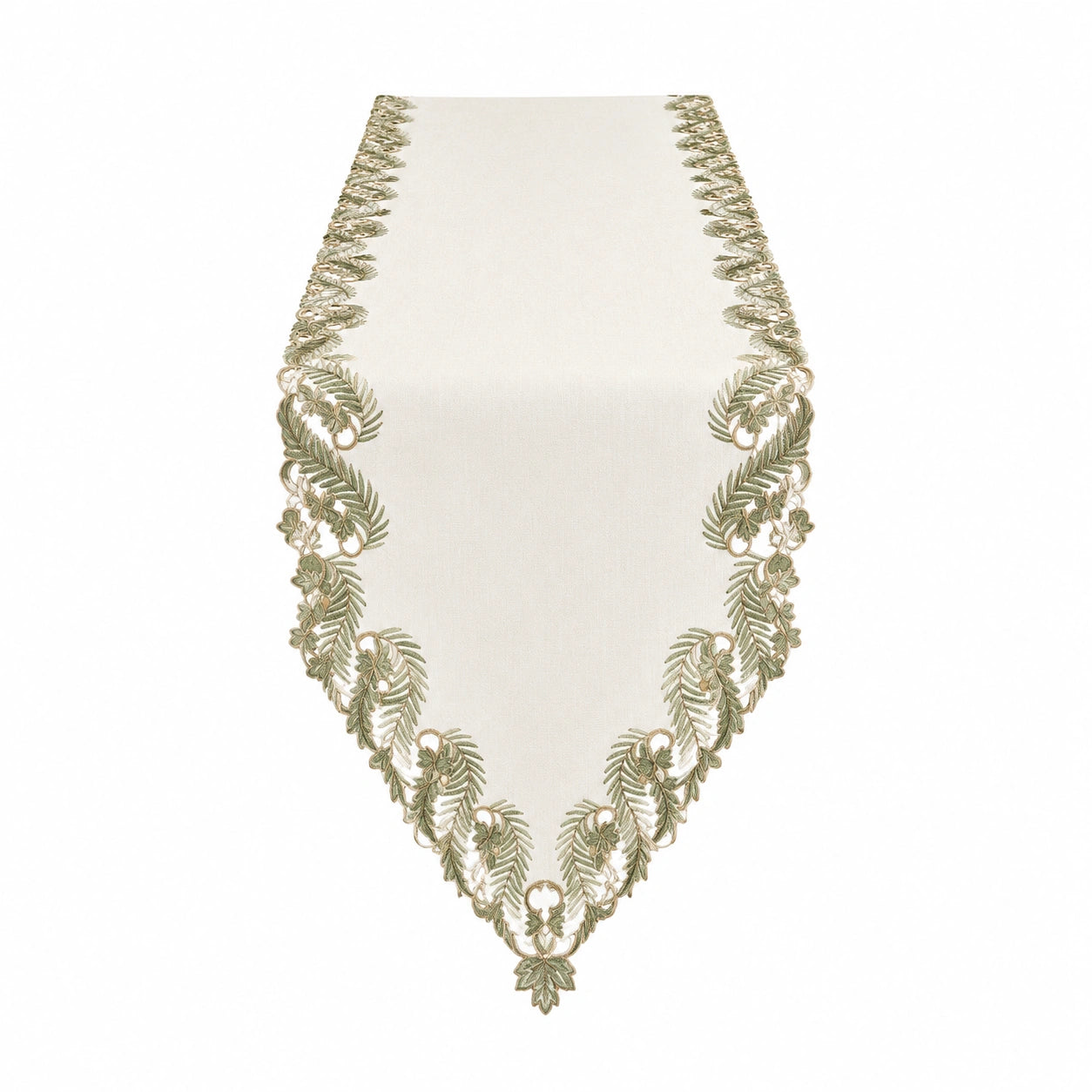 Runner da tavola 180 x 40 cm in tessuto bianco e verde con ricamo floreale stile classico