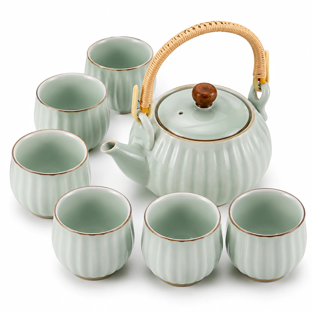 Servizio da tè 7 pezzi in ceramica verde salvia con teiera 900 ml e tazze 150 ml stile ondulato