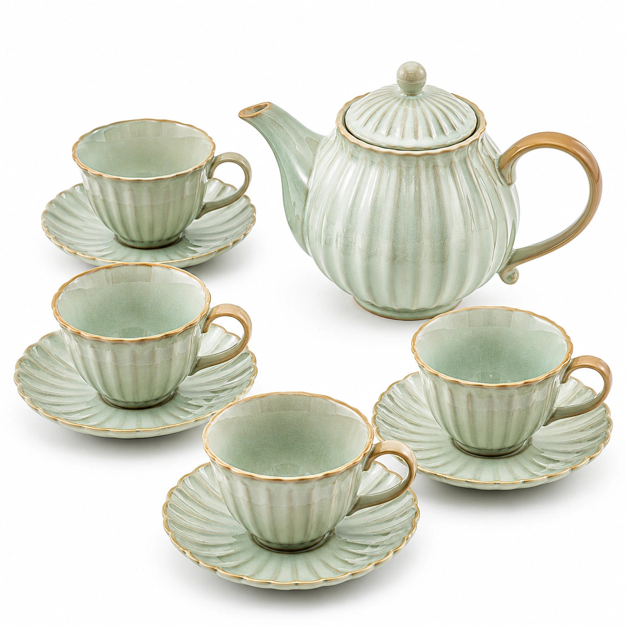 Servizio da tè 9 pezzi in ceramica verde salvia con teiera 900 ml stile scanalato