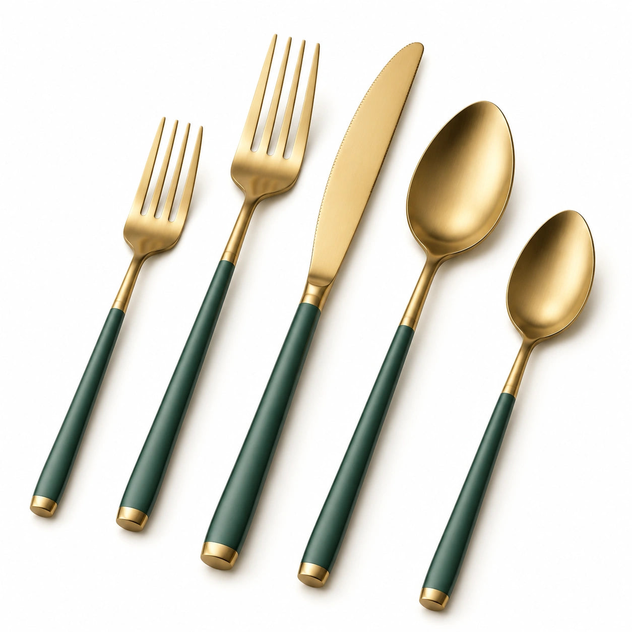Set posate 5 pezzi in acciaio inox oro e verde - stile moderno per tavola