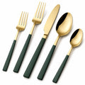Set di posate 5 pezzi 23 cm in acciaio inox dorato e verde scuro dal design moderno