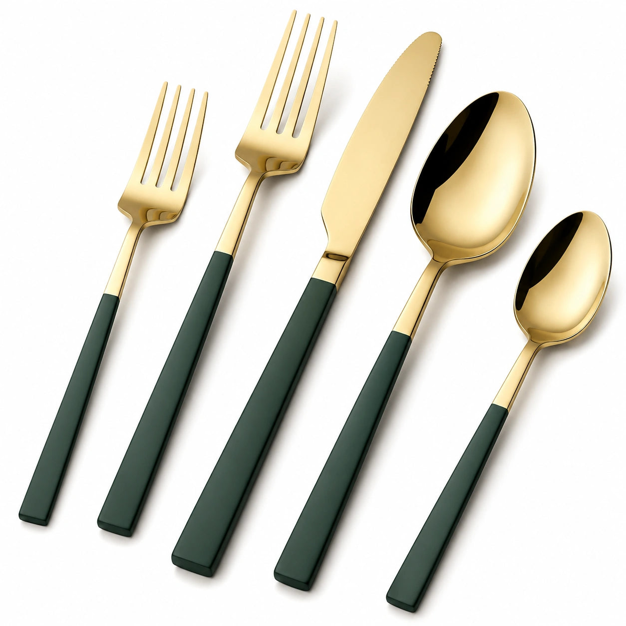 Set di posate 5 pezzi 23 cm in acciaio inox dorato e verde scuro dal design moderno
