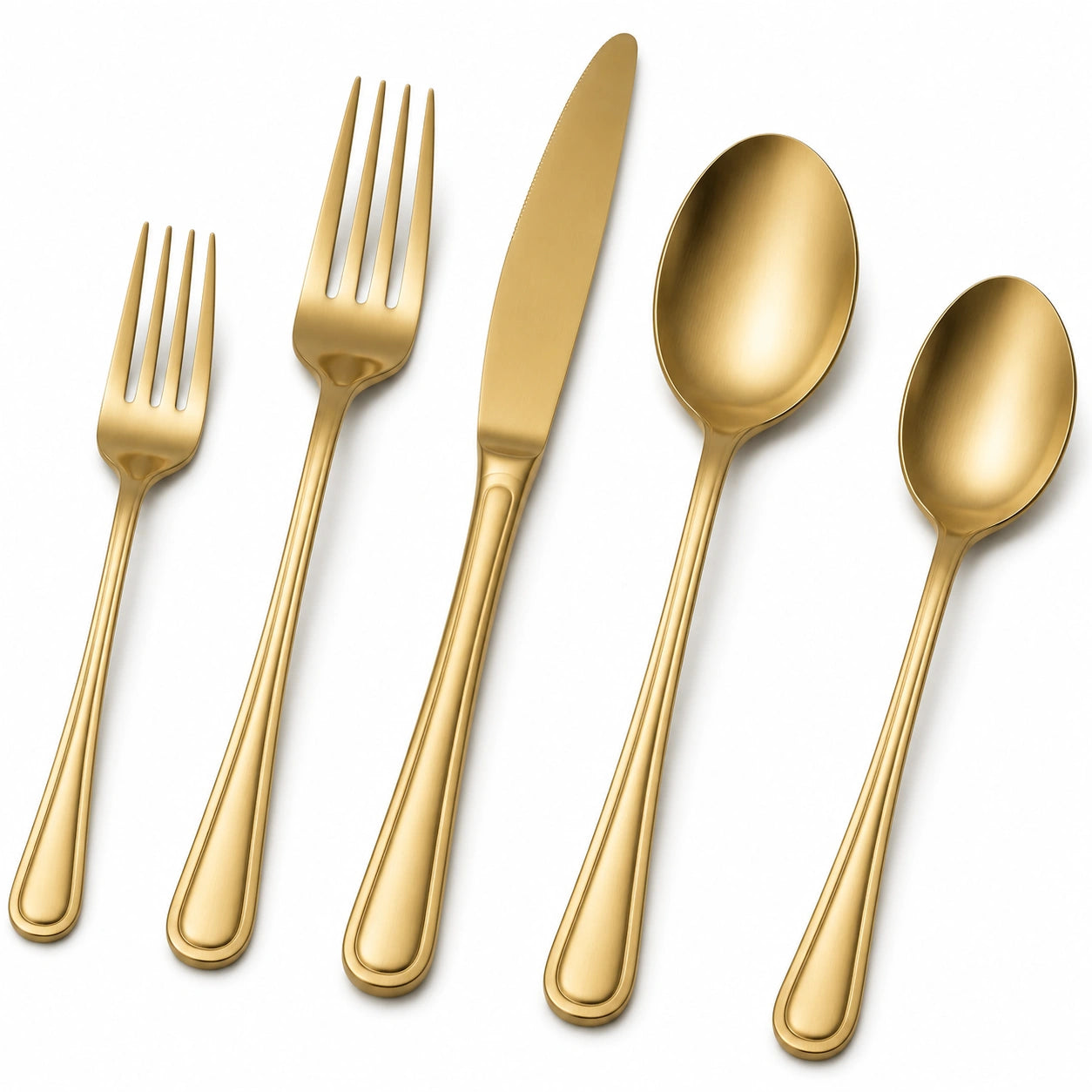 Set di posate 5 pezzi in acciaio inox dorato - forchette coltello e cucchiai per tavola