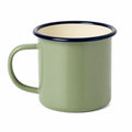 Tazza smaltata 350 ml in acciaio verde salvia con bordo blu per bevande calde e fredde
