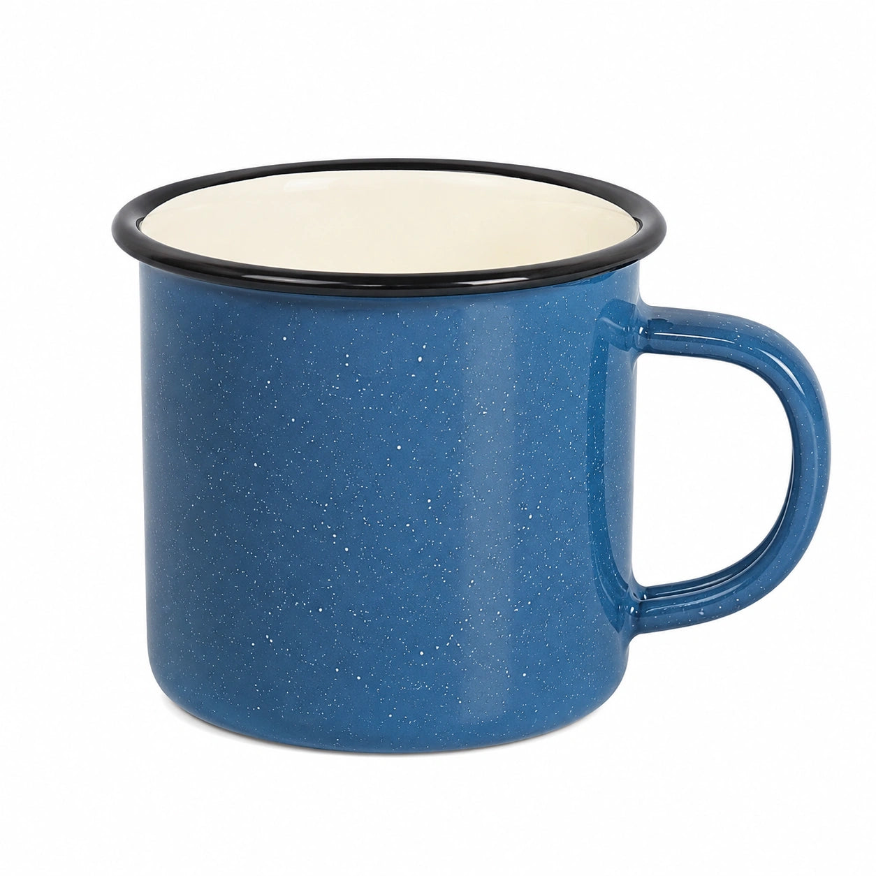 Tazza da campeggio in acciaio smaltato 350 ml blu con bordo nero - stile rustico